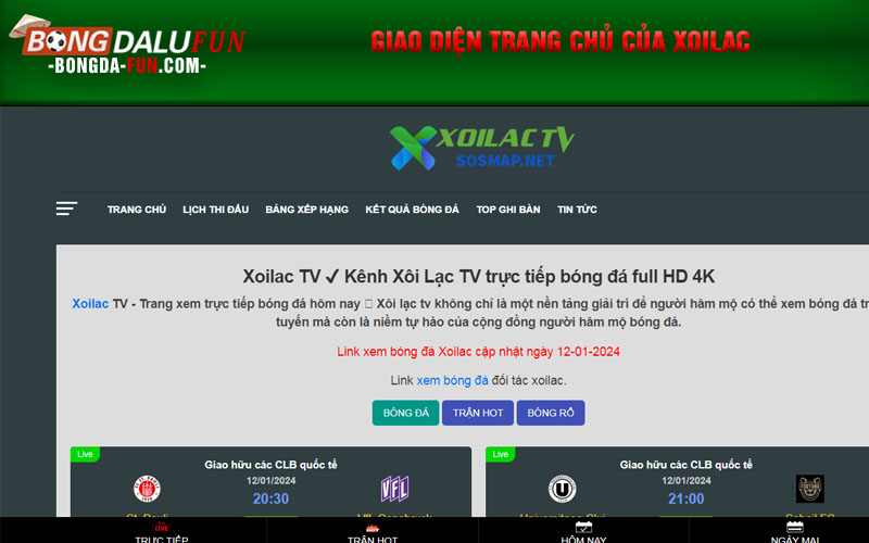 Giao diện trang chủ của Xoilac