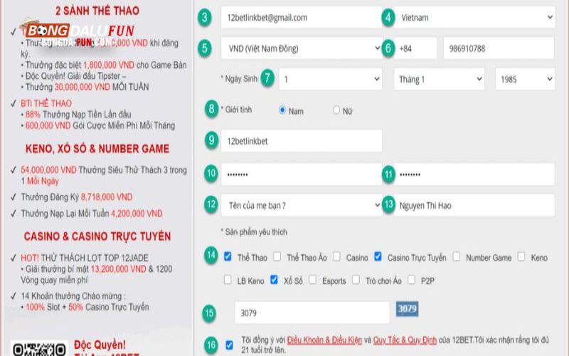 Thao tác đăng ký tài khoản tại 12bet